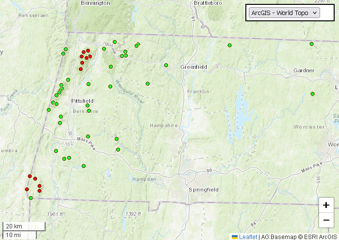 Map showing geographical data points in western Massachusetts, with green and red markers indicating different locations. Major cities include Pittsfield and Springfield.